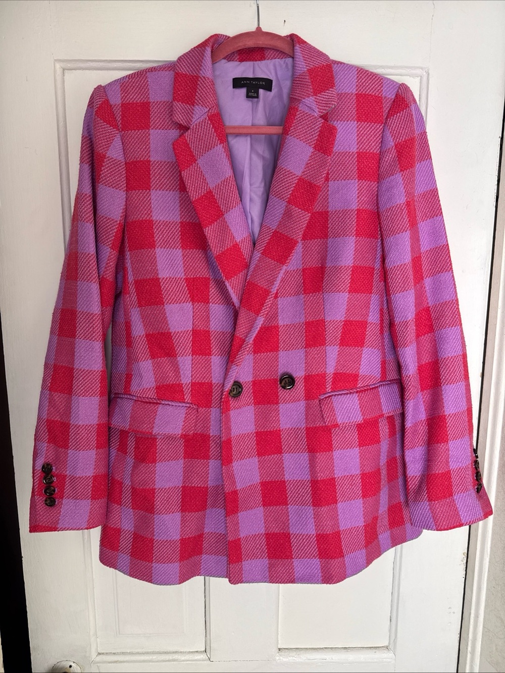 Ann Taylor Blogger Pink and Lavender Checked Blazer size 8 - Picture 2 of 12